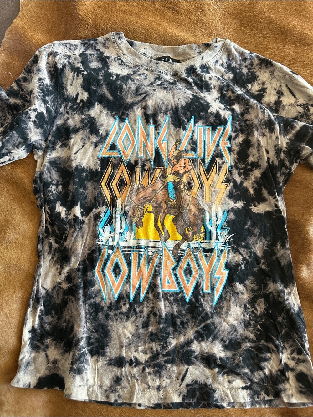 Tie-Dye 'Long Live Cowboys' Graphic Tee - Black & Beige
